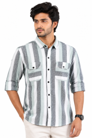 Men's Double Pocket Striped Shirt | Jute Fabric Casual Full Sleeve Shirt | Stylish Back Printed Shirt